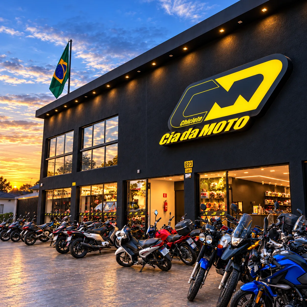 Fachada da loja Cia da Moto em Patos de Minas com motos estacionadas ao entardecer